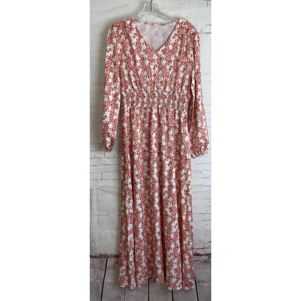Womens White/Red Floral‎ Polyester Long Sleeve V Neck Maxi Dress Size S